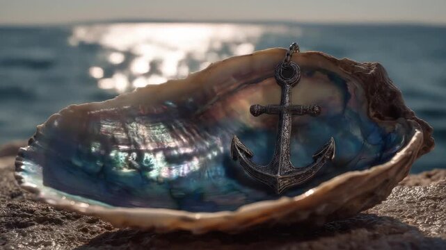 An ornate anchor rests inside a luminous shell against a backdrop of the ocean