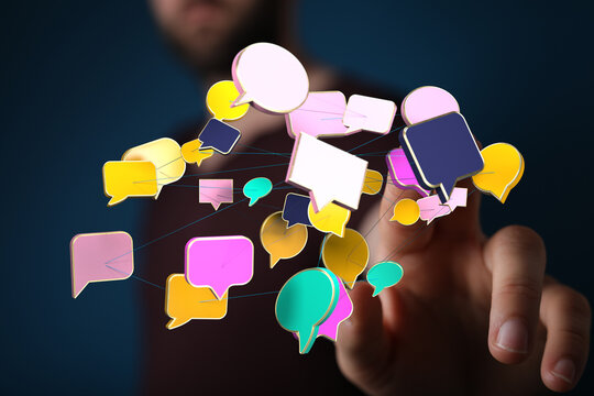 Concept of communication, digital message bubbles linked together representing global network connections, soci