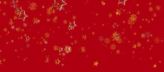Christmas background with golden stars and snowflakes on a vibrant red backdrop. Perfect for holiday design, greetings and seasonal promotions. © vegefox.com