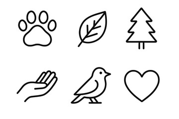 Fototapeta premium Nature icons: leaf, tree, bird, paw print, heart, and hand symbols in black and white