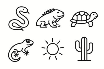 Outline icons of desert animals and plants: snake, iguana, tortoise, gecko, sun, cactus