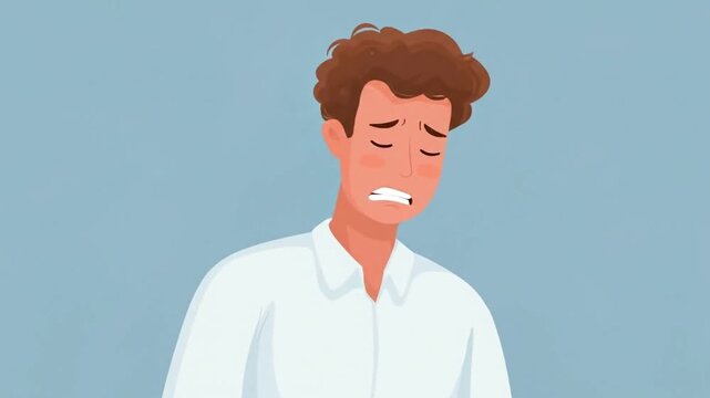 An animated illustration depicts a male character experiencing acute discomfort, clutching his abdomen with a pained expression. His eyes are closed and mouth slightly open, conveying significant dist