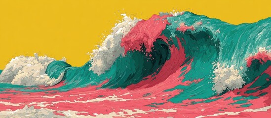 Vibrant, colorful waves crashing on a yellow background