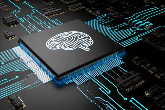 Neural connections: digital brain in a futuristic technological realm. Reportage shot. Digital transformation: enhanced ai brain with holographic circuit flows. Genuine view. Real life.