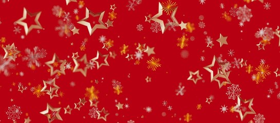 Christmas background with golden stars and snowflakes on a vibrant red backdrop. Perfect for holiday design, greetings and invitation © vegefox.com