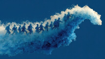 A multitude of people ascending on a swirling cloud of blue and white smoke