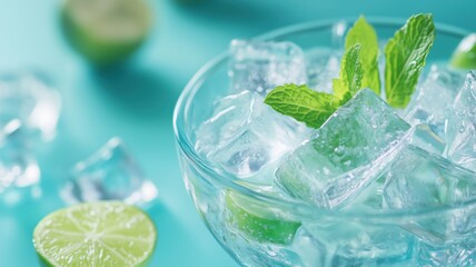 Glass bowl of ice with mint and lime on blue background &mdash; ideal for summer, refreshing and healthy content.