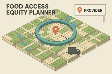 Food access equity planner map with location marker and delivery truck