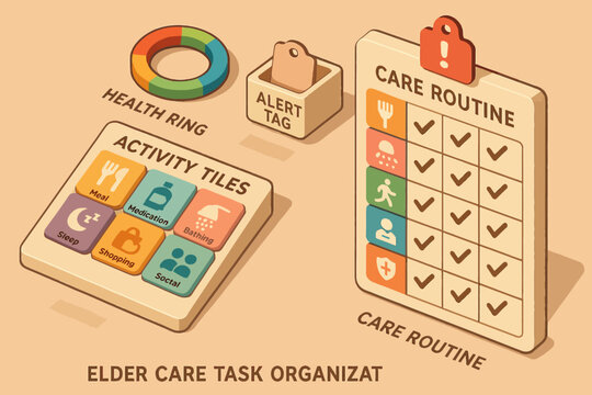 Elder care task organizer with activity tiles and care routine checklist