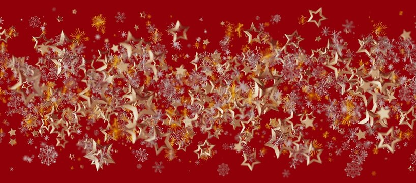 Christmas background with golden stars and snowflakes on a vibrant red backdrop, perfect for holiday designs and celebrations. Holiday theme and