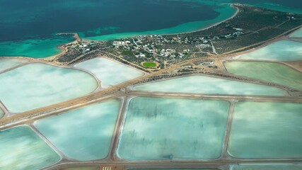 Drone view of geometric salt evaporation ponds and coastal landscape of Shark Bay region - Powered by Adobe