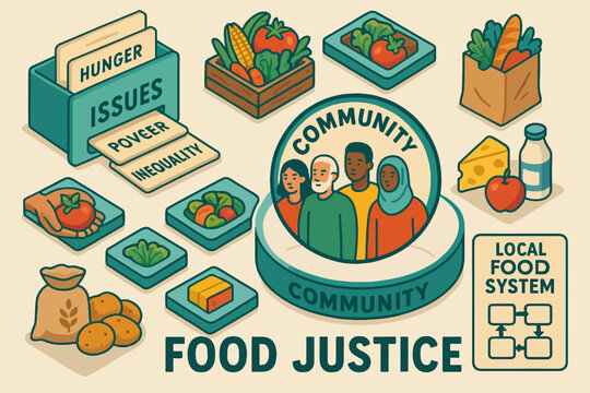 Community food justice concept with diverse group and local food system elements - Powered by Adobe