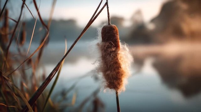 A serene shot features a cattail with fluffy seed pod in focus, backdrop a misty body of water