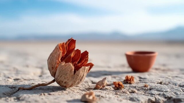 A dried flower and small bowl on cracked earth, against a distant mountain range