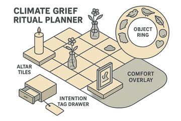 Climate grief ritual planner with altar tiles and comfort overlay