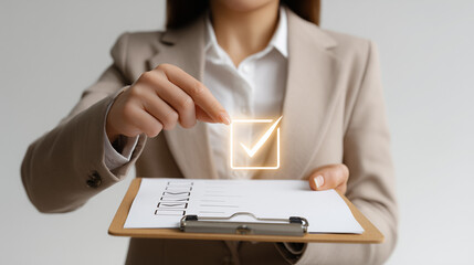 Task Accomplished: A businesswoman, poised and professional, focuses intently on a task, holding a clipboard with the symbolic checkmark, representing completion and achievement.