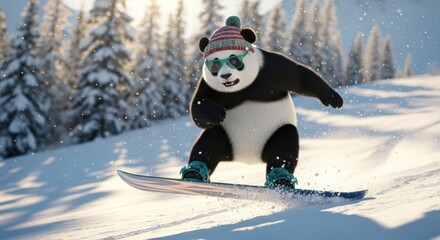 Panda Bear Having Fun Snowboarding Downhill on a Beautiful Winter Day Amidst Snow Covered Pine Trees