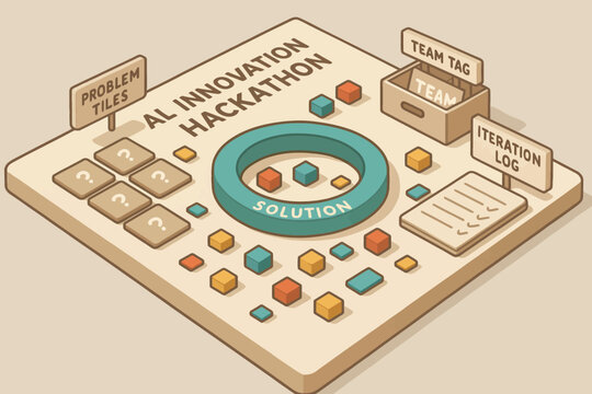 Ai innovation hackathon board with problem tiles and team iteration log