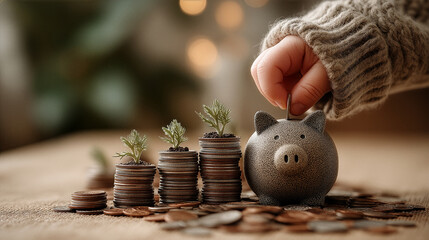 Child saving money with piggy bank and growing coin stacks