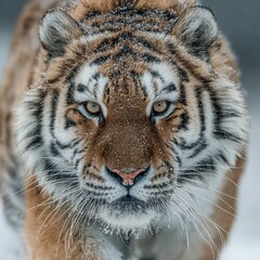 Obraz premium Close-up portrait of a tiger's face, centered, eyes focused, against a snowy background