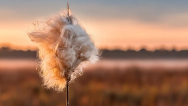 A close-up view of a cattail seedhead in soft focus with a sunset gradient
