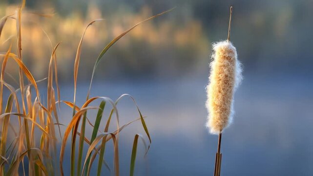 A scenic shot of a cattail with blurred background, some grasses in the left and warm lights