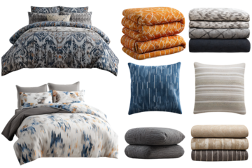 a collection of bedding and pillows on a white background