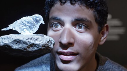 Young man observing a beautiful glowing crystal bird art piece perched on a rock, with an expression of wonder and fascination during a moment of discovery and fantasy