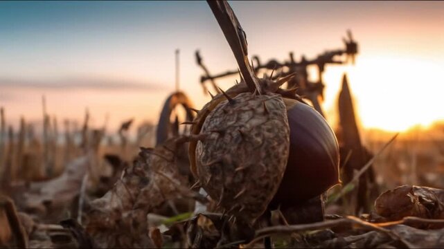 Close-up of a spiky nut in the foreground, with golden sunset. Focus on the object