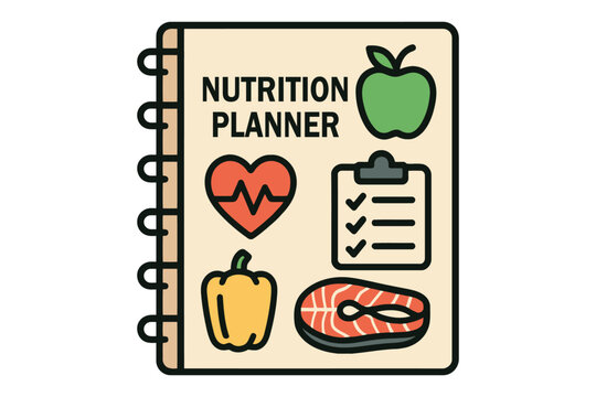 Healthy eating nutrition planner with food icons and heartbeat symbol