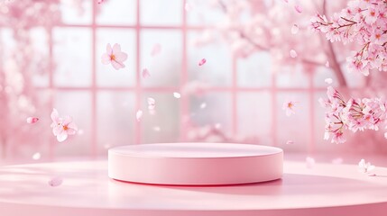 65.Minimalist abstract scene featuring a round pink pedestal in a dreamy sakura-inspired setting, soft petals gracefully falling, creating a serene and sophisticated atmosphere for product mockups