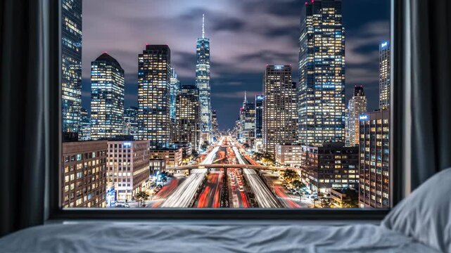 Bed inside a hotel room overlooking a bustling city street with high-rise buildings and light trails from traffic during an evening long exposure, portraying urban living and travel concepts - Powered by Adobe
