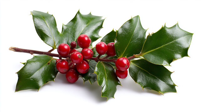 Christmas holly leaves with red berries isolated on white