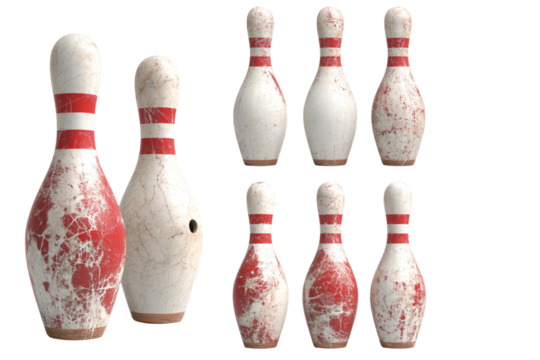 a set of ten bowling pins with a red stripe