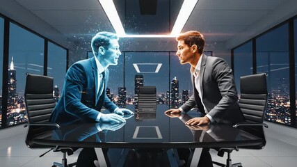 Two businessmen having a tense discussion during a futuristic virtual meeting, with one interacting with a hologram and the other showing disagreement in a modern office - Powered by Adobe