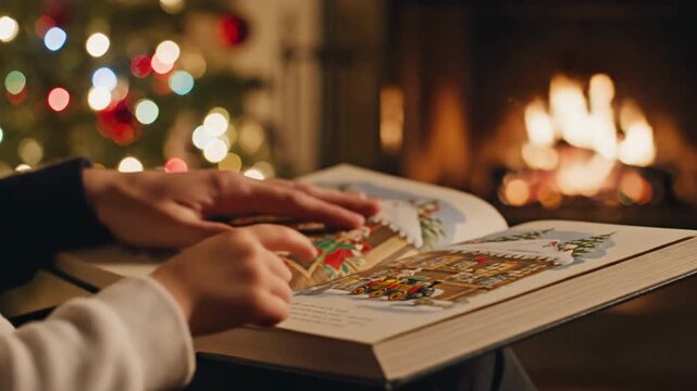 Heartwarming Macro of Adult and Child Exploring Wordless Christmas Picture Book in Cozy Living Room