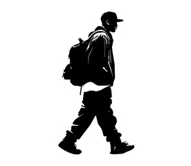 Fototapeta premium a silhouette of a man walking with a backpackbackpack, baseball hat, black, man, profile, walk 