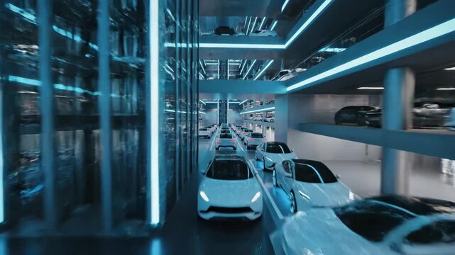 Autonomous electric vehicles are moving and parking in a futuristic, multi-story automated garage, showcasing advanced intelligent transportation technology and urban mobility solutions