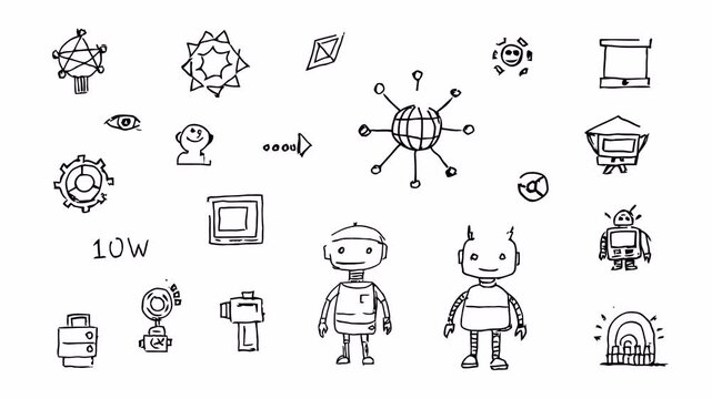 Hand-drawn doodle animation of robots, AI symbols, and tech icons, black line sketches with alpha channel on transparent background.