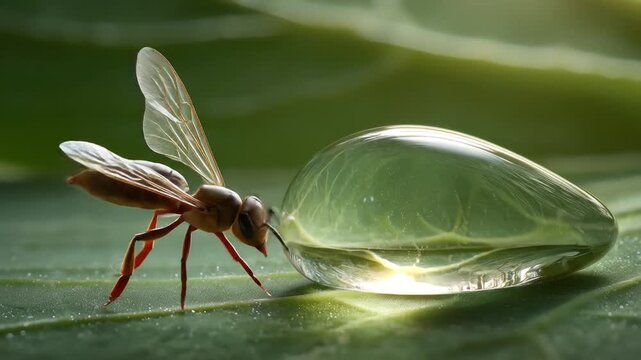 An ant, wings spread, looks at a large water droplet. Green leaf with light and texture