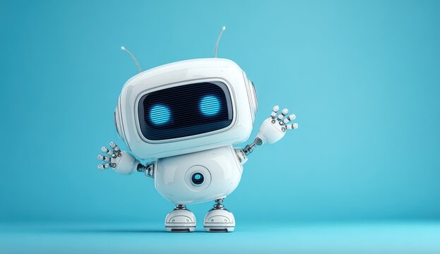 Vibrant photo of friendly white robot waving hello with blue background and glowing blue eyes - Powered by Adobe