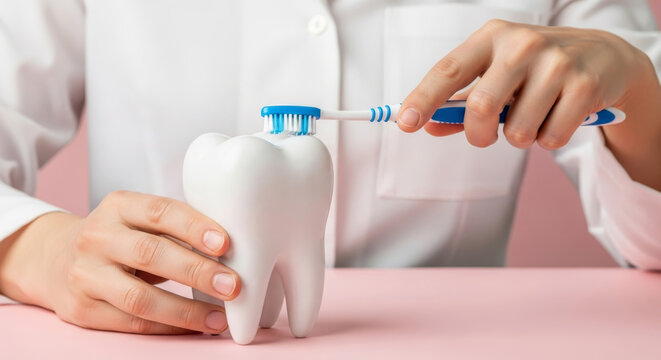 Dental professional demonstrates proper brushing technique using a tooth model in a clean, educational setting.
