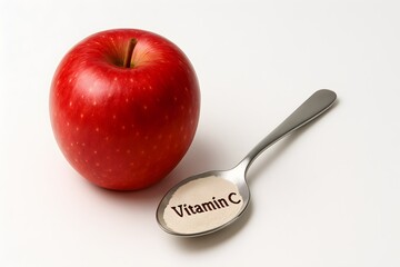 A hyper-detailed 8K close-up of a red apple beside a shiny spoon engraved with “Vitamin C” on white background.