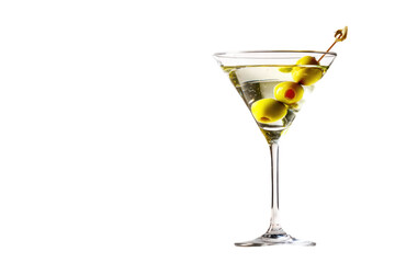 Classic Dry Martini Cocktail with Green Olives on Cocktail Stick in Glass