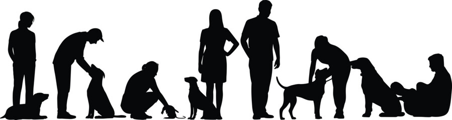 Dog interaction silhouettes, people with pets, casual poses, black shapes, training moments, playful dogs, human companionship, silhouette illustration, pet bonding, animal behavior