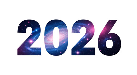 A cosmic 2026 year design featuring bright nebula clouds and star clusters on white and transparent, used for holiday campaigns, sci-fi themed visuals or modern digital New Year promotions