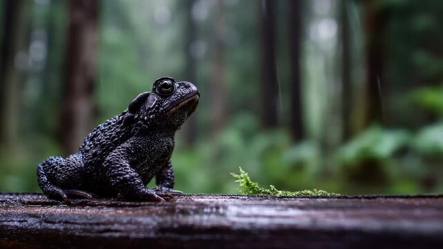 A dark, textured amphibian sits on a wet, wooden surface, with a blurry green forest background