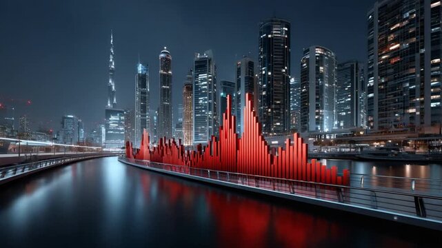 City Skyline with Financial Data: A captivating view of a modern city skyline at dusk, with a dynamic red financial data graph superimposed over a bridge, symbolizing market trends.