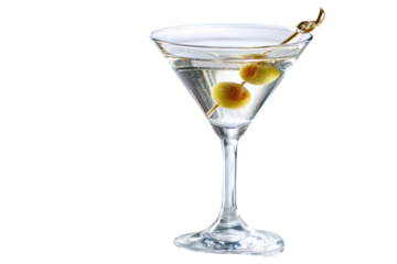 Martini cocktail with olives garnish served in glass on transparent background