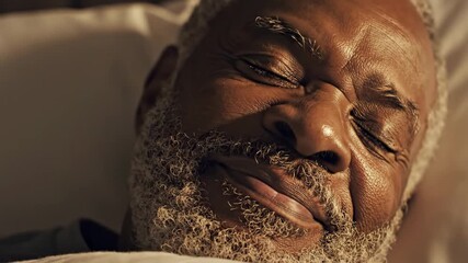 Senior black man smiling happily while sleeping soundly in bed, experiencing peaceful dreams and complete contentment, representing relaxation, rest, and tranquility
